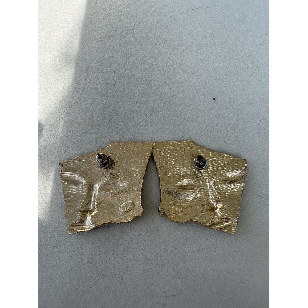 J J Figural Lady's Face Gold Tone Textured Metal Pierced Earrings Vintage